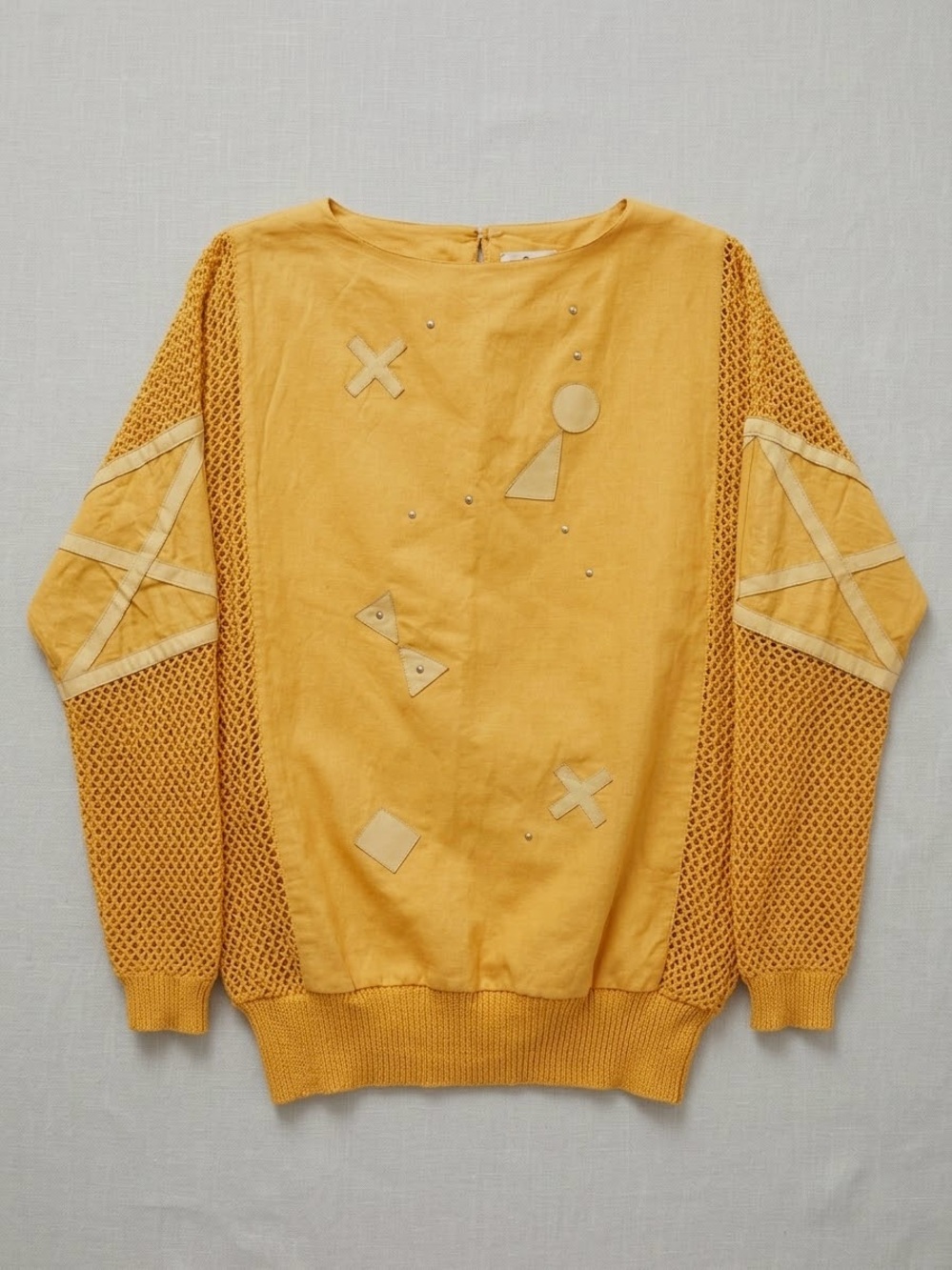 Vintage 80s Georgee Sally B Art To Wear Leather Contrast Open Knit Sweater Top S
